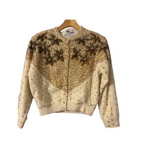 Louise Arthur Vintage Womens Cardigan Sweater Small Cream Gold Beaded Lined